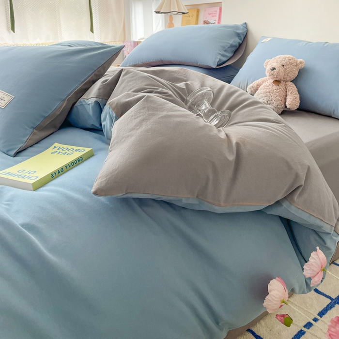 91家纺网 家纺一手货源 找家纺 雅居纺家纺 2024新款全棉素色水洗棉四件套 清雅蓝绅士灰