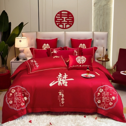 91家纺网 家纺一手货源 找家纺 甜咪咪2024春夏新款天丝棉磨毛婚庆四件套多件套 百年好合