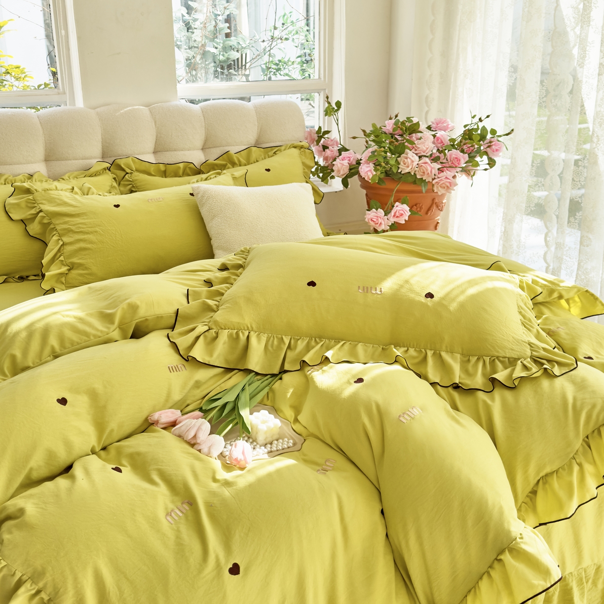 91家纺网 家纺一手货源 找家纺 梦可莱 2024新款亲肤刺绣荷叶边四件套-心灵迷恋 牛油果绿