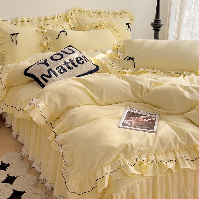 91家纺网 家纺一手货源 找家纺 言熙居 2024新款网纱花边韩版床裙款四件套 小仙女黄