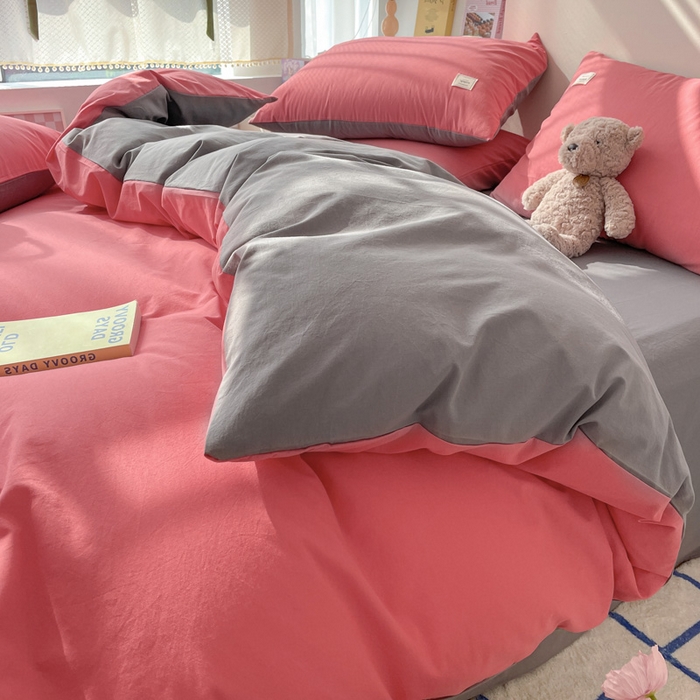 91家纺网 家纺一手货源 找家纺 雅居纺家纺 2024新款全棉素色水洗棉四件套 珊瑚红绅士灰