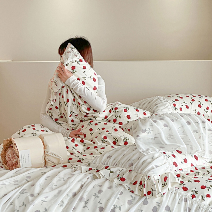 91家纺网 家纺一手货源 找家纺 （总）亲亲公主 2025新款全棉花边蕾丝公主风四件套-玫瑰恋人 