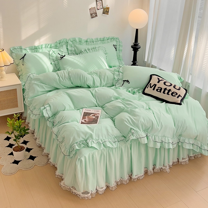 91家纺网 家纺一手货源 找家纺 言熙居 2024新款网纱花边韩版床裙款四件套 小仙女浅蓝