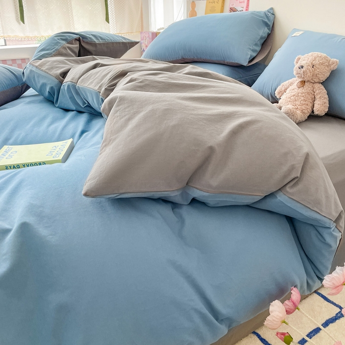 91家纺网 家纺一手货源 找家纺 雅居纺家纺 2024新款全棉素色水洗棉四件套 清雅蓝绅士灰