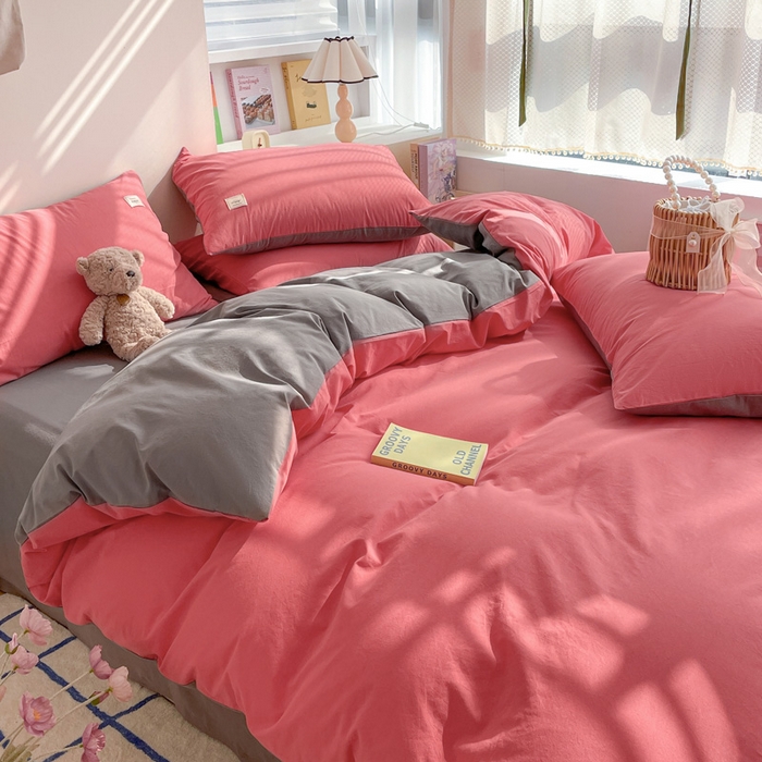 91家纺网 家纺一手货源 找家纺 雅居纺家纺 2024新款全棉素色水洗棉四件套 珊瑚红绅士灰