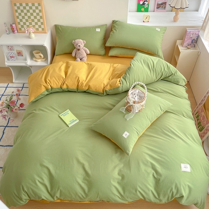雅居纺家纺 2024新款全棉素色水洗棉四件套 果绿绅士黄