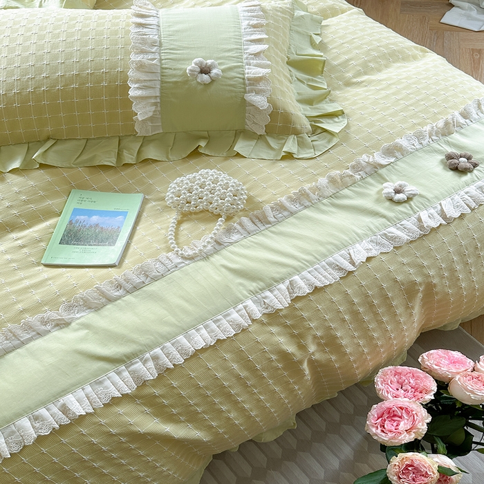 91家纺网 家纺一手货源 找家纺 蜜柚2024春夏新款全棉水洗棉韩系ins公主风花边四件套 芙贝拉-抹茶绿