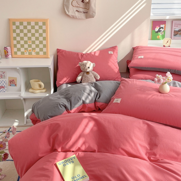 91家纺网 家纺一手货源 找家纺 雅居纺家纺 2024新款全棉素色水洗棉四件套 珊瑚红绅士灰