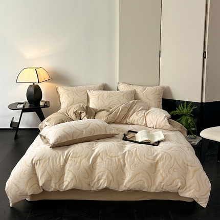 雅居纺家纺 2024新款全棉双层纱色织提花四件套 潮流-卡其