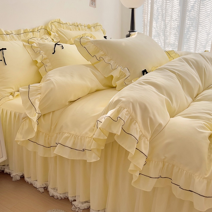 91家纺网 家纺一手货源 找家纺 言熙居 2024新款网纱花边韩版床裙款四件套 小仙女黄