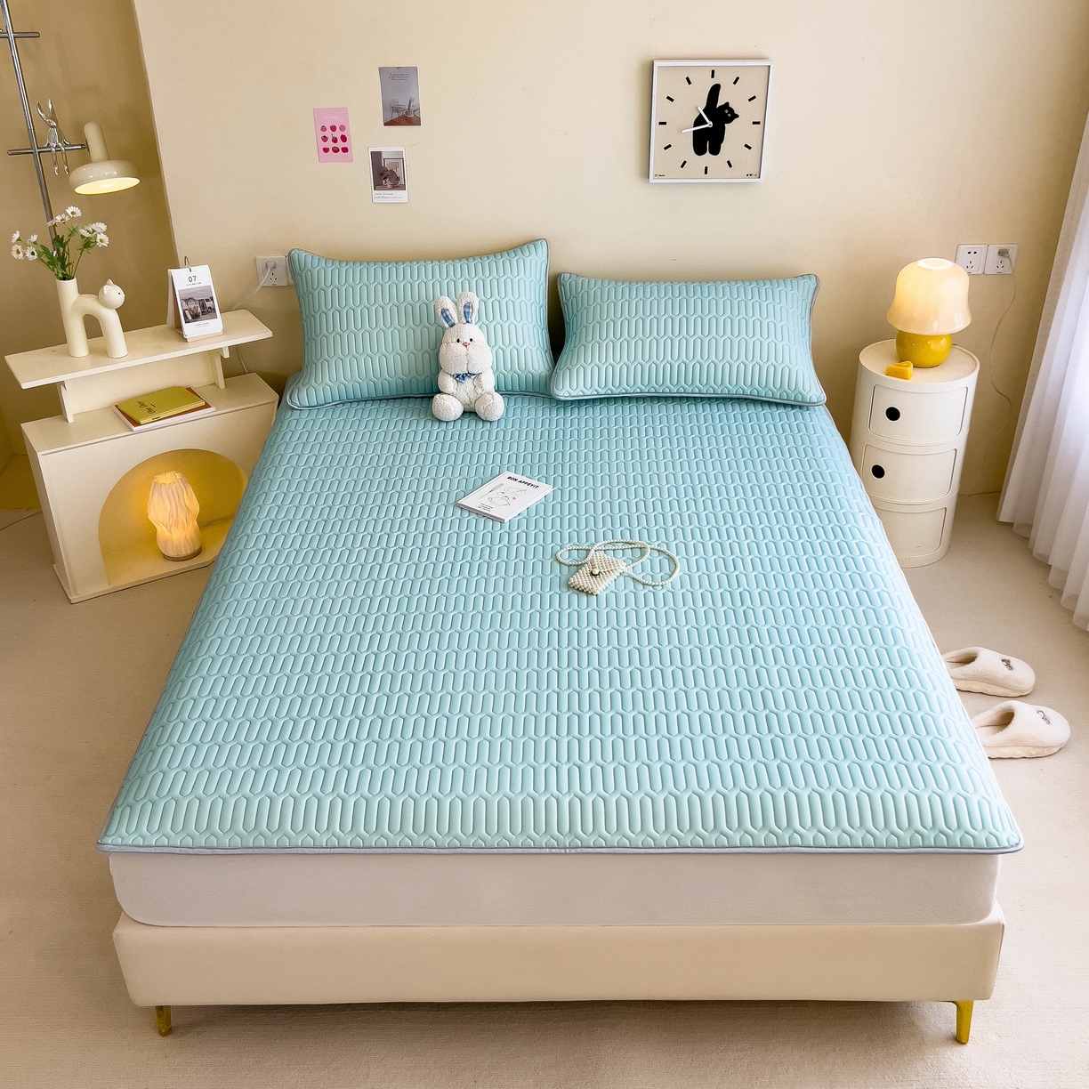 91家纺网 家纺一手货源 找家纺 希廷顿 2024新款加厚凉感丝乳胶凉席三件套 天蓝色