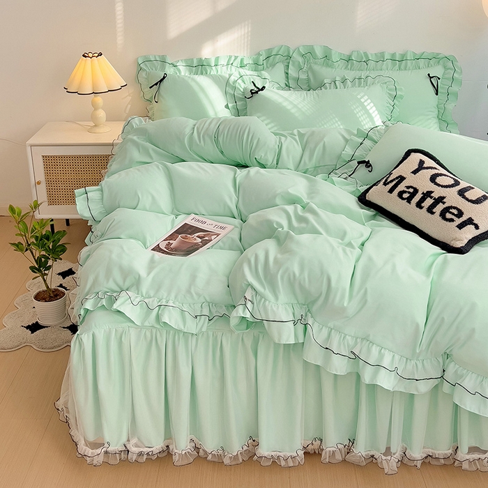 91家纺网 家纺一手货源 找家纺 言熙居 2024新款网纱花边韩版床裙款四件套 小仙女浅蓝