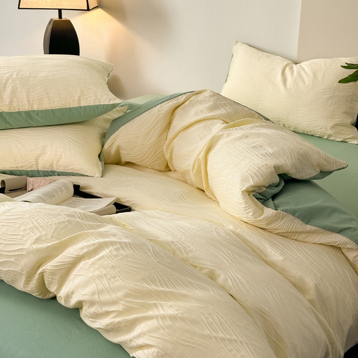 91家纺网 家纺一手货源 找家纺 雅居纺家纺 2024新款全棉线条提花四件套-线条  线条-黄绿