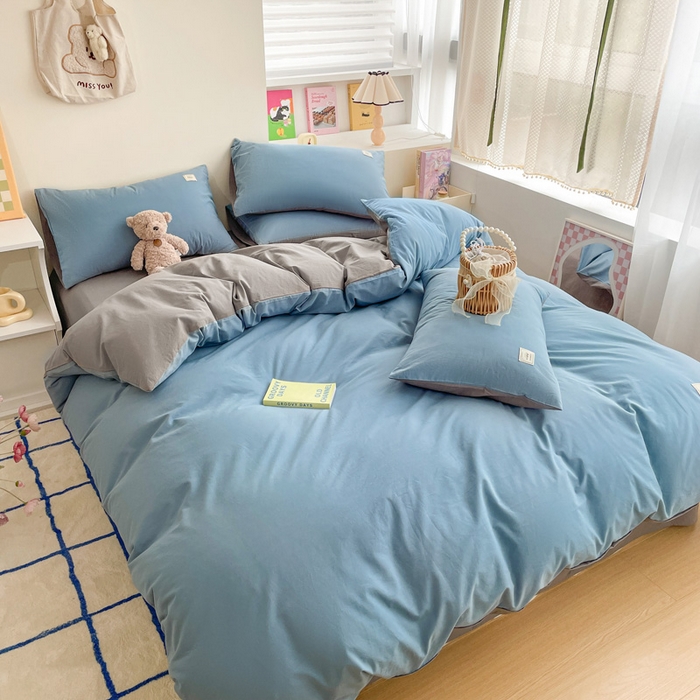 91家纺网 家纺一手货源 找家纺 雅居纺家纺 2024新款全棉素色水洗棉四件套 清雅蓝绅士灰