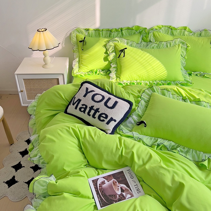 91家纺网 家纺一手货源 找家纺 言熙居 2024新款网纱花边韩版床裙款四件套 小仙女荧光绿