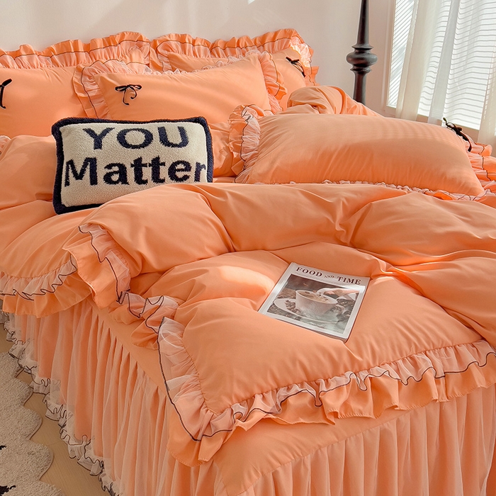 91家纺网 家纺一手货源 找家纺 言熙居 2024新款网纱花边韩版床裙款四件套 小仙女橘