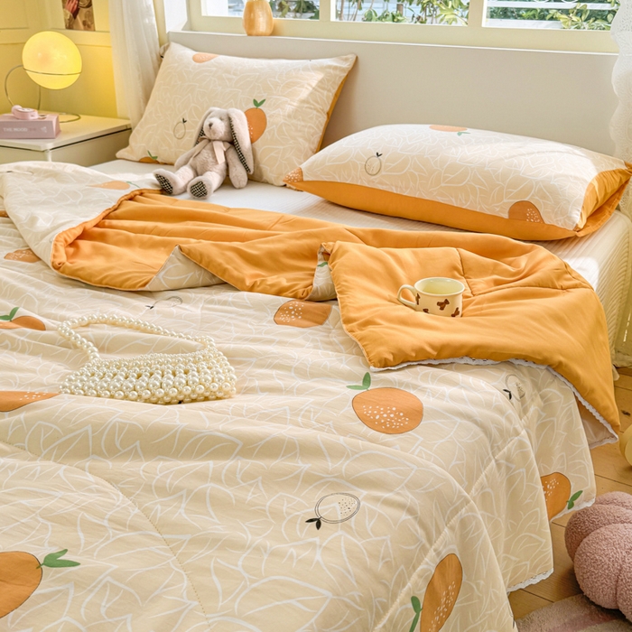 91家纺网 家纺一手货源 找家纺 寐居家纺 2024新款水洗棉小花边夏被 我爱橘子