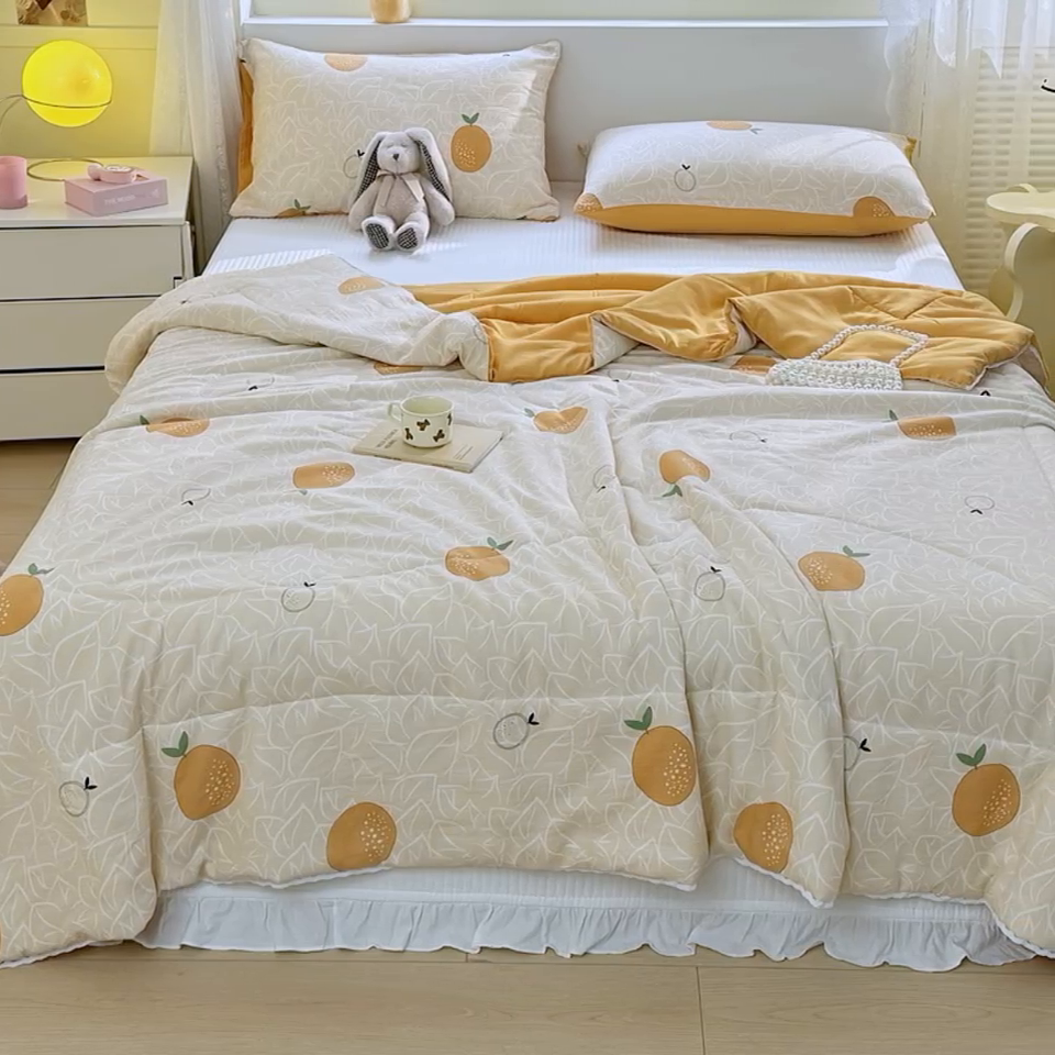 91家纺网 家纺一手货源 找家纺 寐居家纺 2024新款水洗棉小花边夏被 我爱橘子