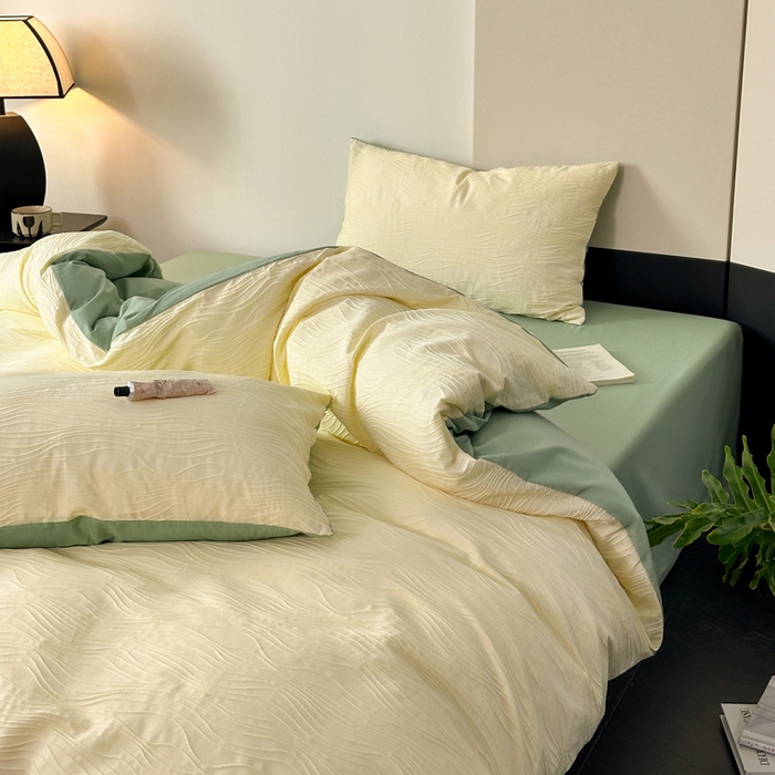 91家纺网 家纺一手货源 找家纺 雅居纺家纺 2024新款全棉线条提花四件套-线条  线条-黄绿