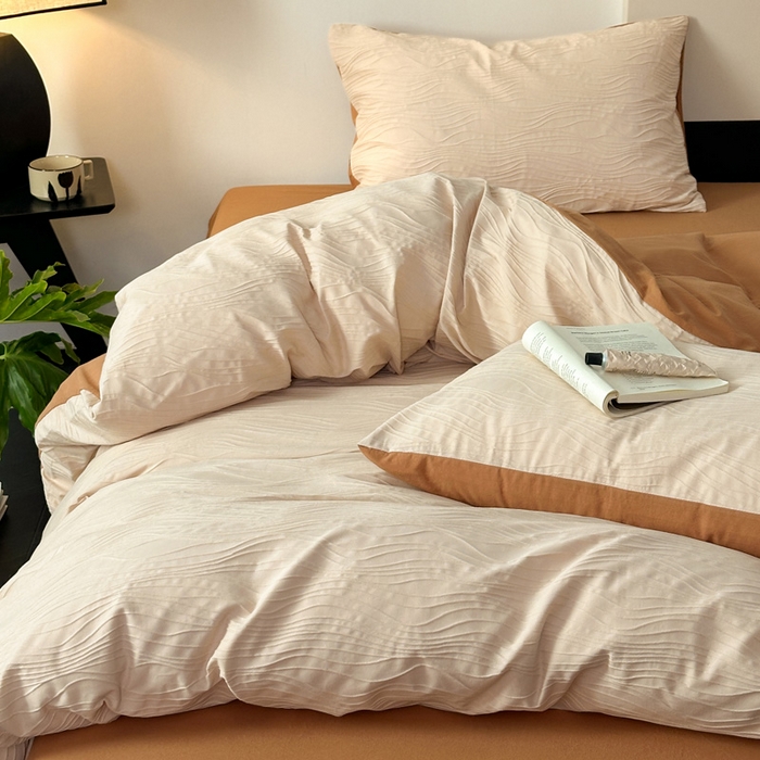 91家纺网 家纺一手货源 找家纺 雅居纺家纺 2024新款全棉线条提花四件套-线条  线条-焦糖