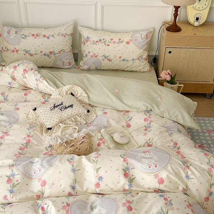 91家纺网 家纺一手货源 找家纺 昔可家纺 2024新款开春小清新花四件套 萌萌兔粉花