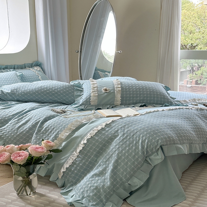 91家纺网 家纺一手货源 找家纺 蜜柚2024春夏新款全棉水洗棉韩系ins公主风花边四件套 芙贝拉-云朵蓝