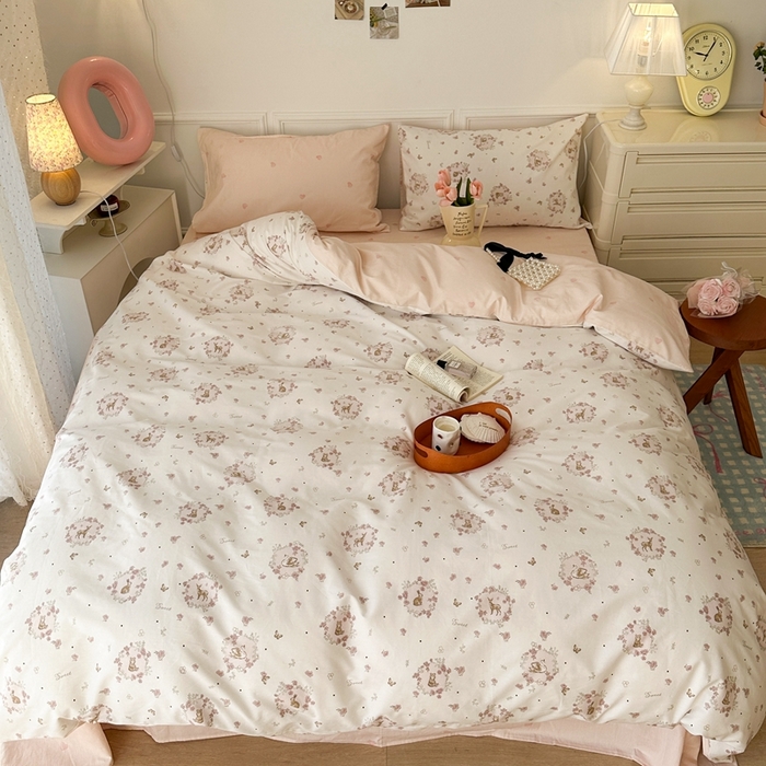 91家纺网 家纺一手货源 找家纺 昔可家纺 2024新款开春小清新花四件套 天鹅小熊