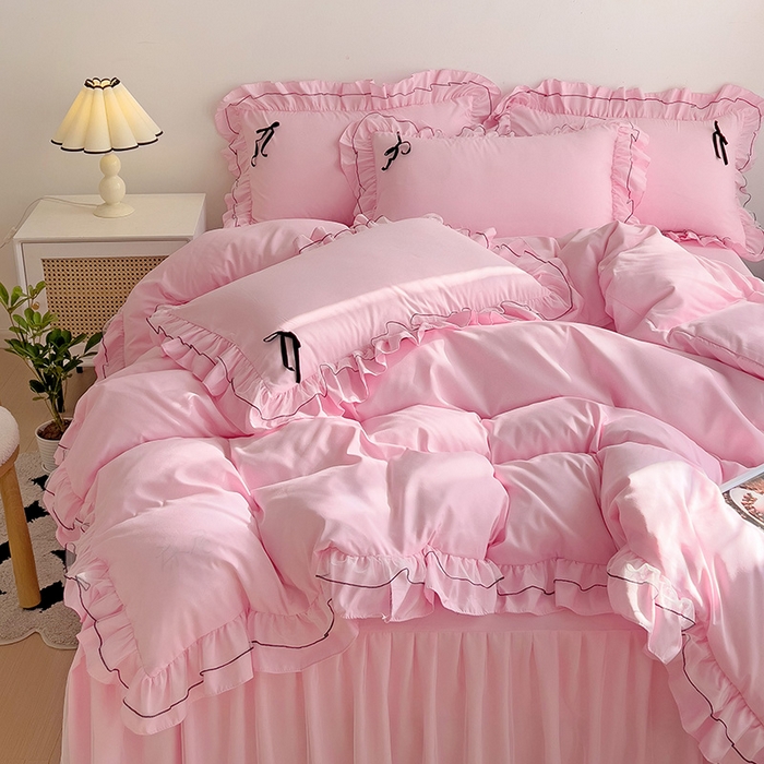 91家纺网 家纺一手货源 找家纺 言熙居 2024新款网纱花边韩版床裙款四件套 小仙女粉