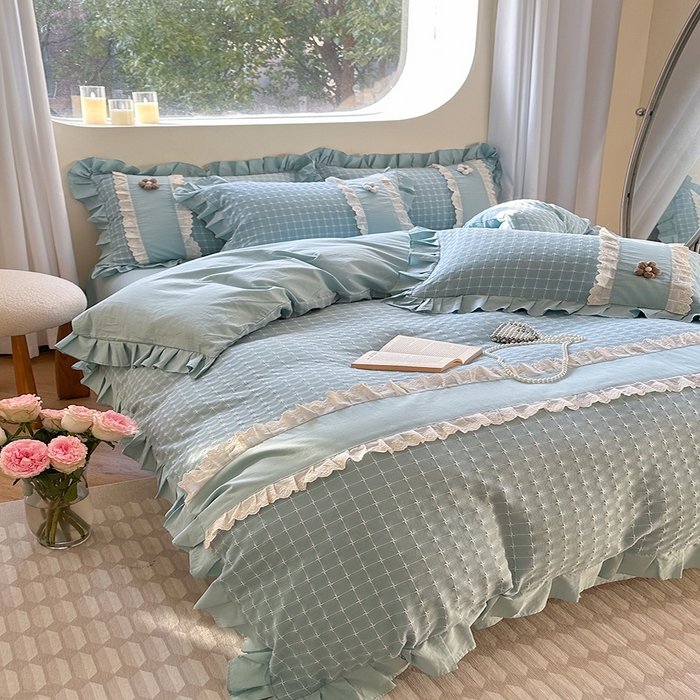 91家纺网 家纺一手货源 找家纺 蜜柚2024春夏新款全棉水洗棉韩系ins公主风花边四件套 芙贝拉-云朵蓝