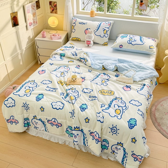 91家纺网 家纺一手货源 找家纺 寐居家纺 2024新款水洗棉小花边夏被 恐龙乐园