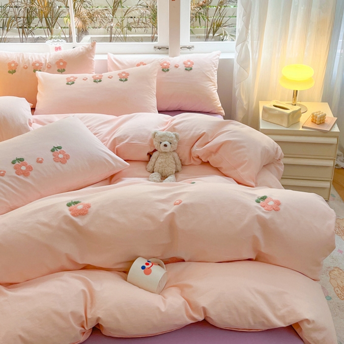 91家纺网 家纺一手货源 找家纺 寐居家纺 2024新款全棉水洗棉毛巾绣色织四件套 花儿朵朵-粉玉