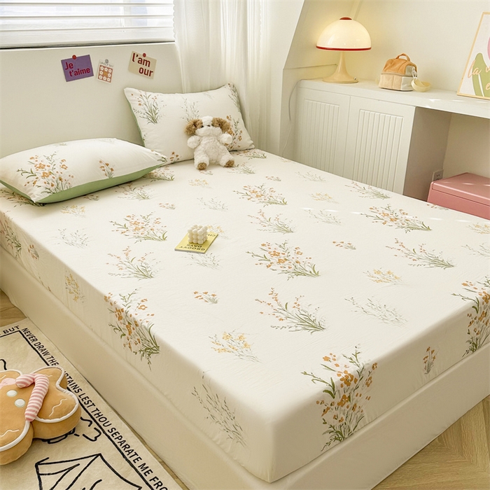 91家纺网 家纺一手货源 找家纺 古吉梦 2024新款水洗棉小清新印花床笠 仙草