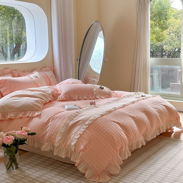 91家纺网 家纺一手货源 找家纺 蜜柚2024春夏新款全棉水洗棉韩系ins公主风花边四件套 芙贝拉-浅粉