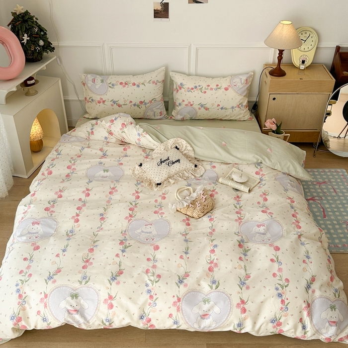 91家纺网 家纺一手货源 找家纺 昔可家纺 2024新款开春小清新花四件套 萌萌兔粉花