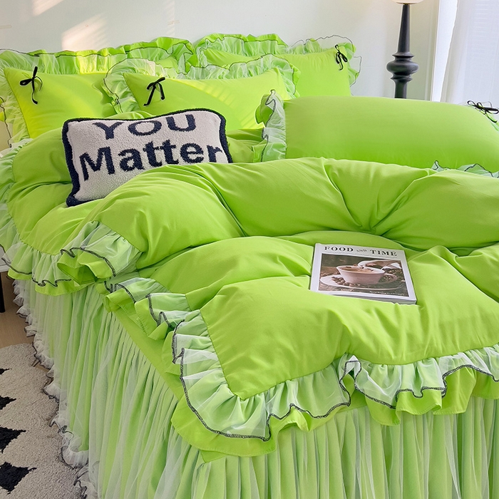 91家纺网 家纺一手货源 找家纺 言熙居 2024新款网纱花边韩版床裙款四件套 小仙女荧光绿