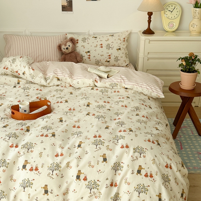 91家纺网 家纺一手货源 找家纺 昔可家纺 2024新款开春小清新花四件套 派对小熊兔兔