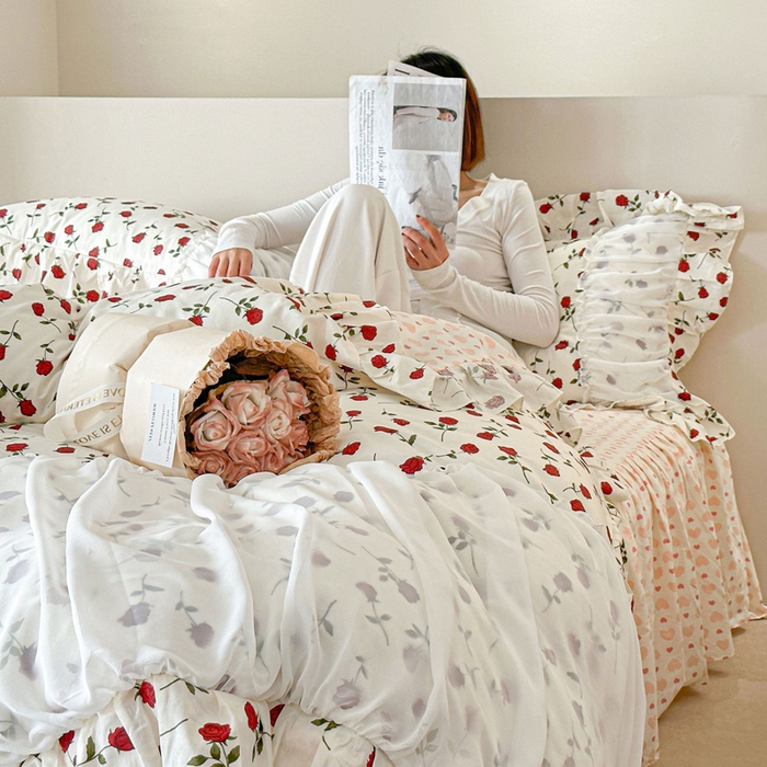 91家纺网 家纺一手货源 找家纺 （总）亲亲公主 2025新款全棉花边蕾丝公主风四件套-玫瑰恋人 