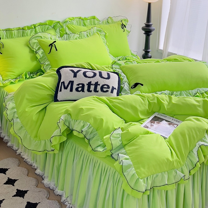 91家纺网 家纺一手货源 找家纺 言熙居 2024新款网纱花边韩版床裙款四件套 小仙女荧光绿