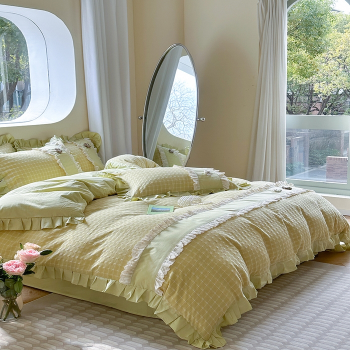 91家纺网 家纺一手货源 找家纺 蜜柚2024春夏新款全棉水洗棉韩系ins公主风花边四件套 芙贝拉-抹茶绿