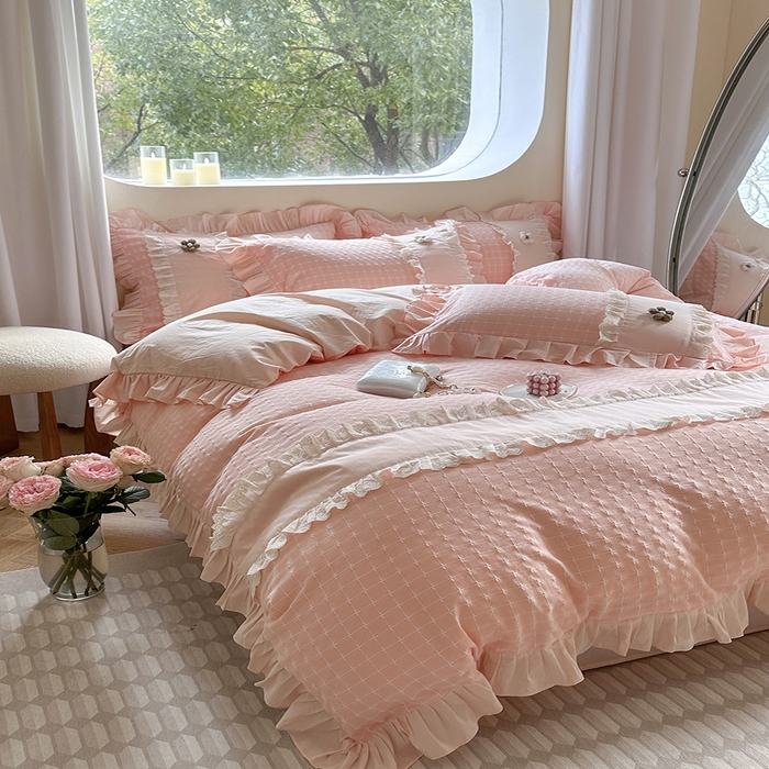 91家纺网 家纺一手货源 找家纺 蜜柚2024春夏新款全棉水洗棉韩系ins公主风花边四件套 芙贝拉-浅粉