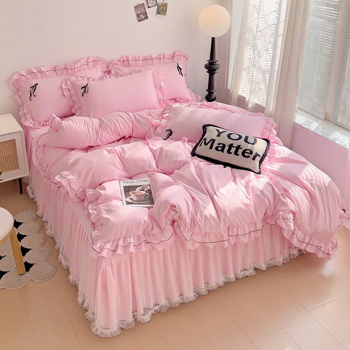 91家纺网 家纺一手货源 找家纺 言熙居 2024新款网纱花边韩版床裙款四件套 小仙女粉