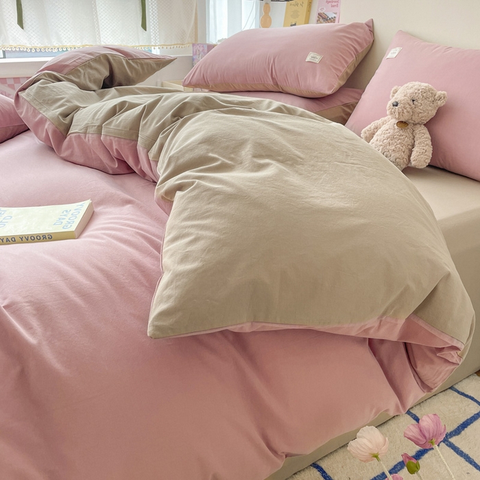 91家纺网 家纺一手货源 找家纺 雅居纺家纺 2024新款全棉素色水洗棉四件套 绅士红卡其