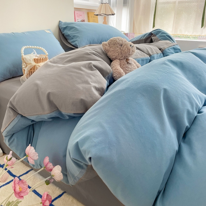 91家纺网 家纺一手货源 找家纺 雅居纺家纺 2024新款全棉素色水洗棉四件套 清雅蓝绅士灰