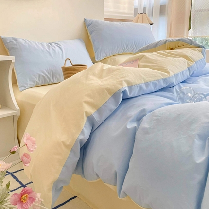 雅居纺家纺 2024新款全棉素色水洗棉四件套 新蓝米黄