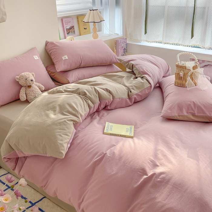 91家纺网 家纺一手货源 找家纺 雅居纺家纺 2024新款全棉素色水洗棉四件套 绅士红卡其