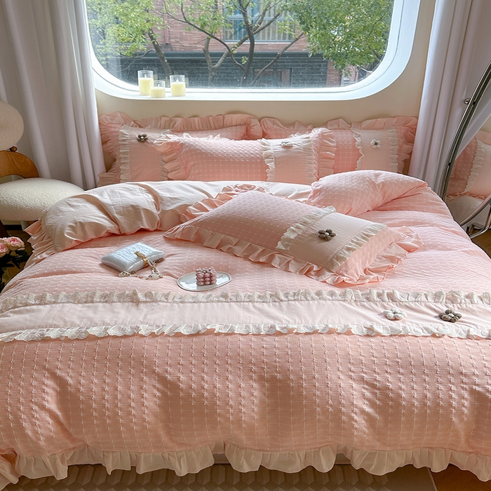 91家纺网 家纺一手货源 找家纺 蜜柚2024春夏新款全棉水洗棉韩系ins公主风花边四件套 芙贝拉-浅粉