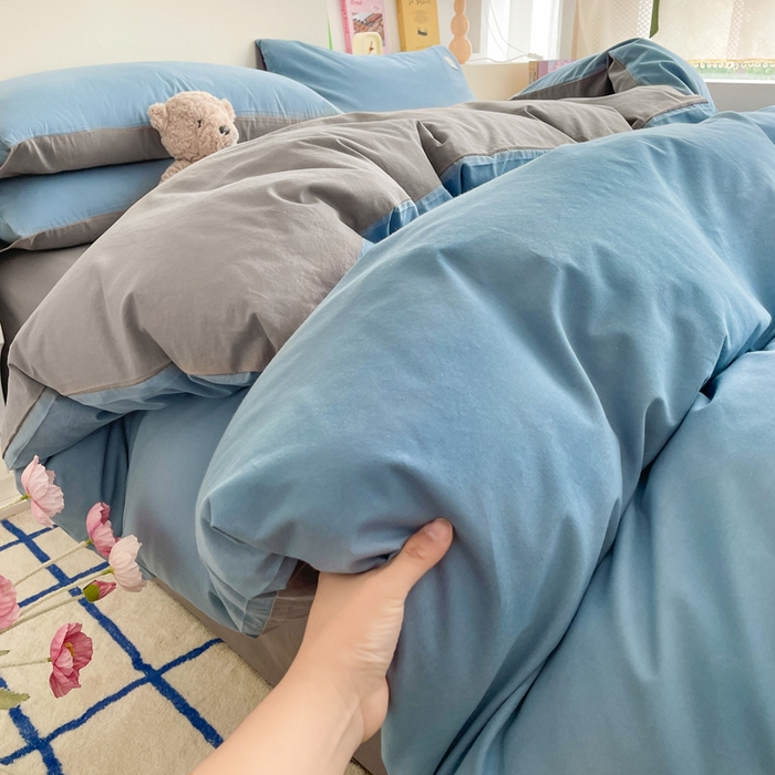 91家纺网 家纺一手货源 找家纺 雅居纺家纺 2024新款全棉素色水洗棉四件套 清雅蓝绅士灰