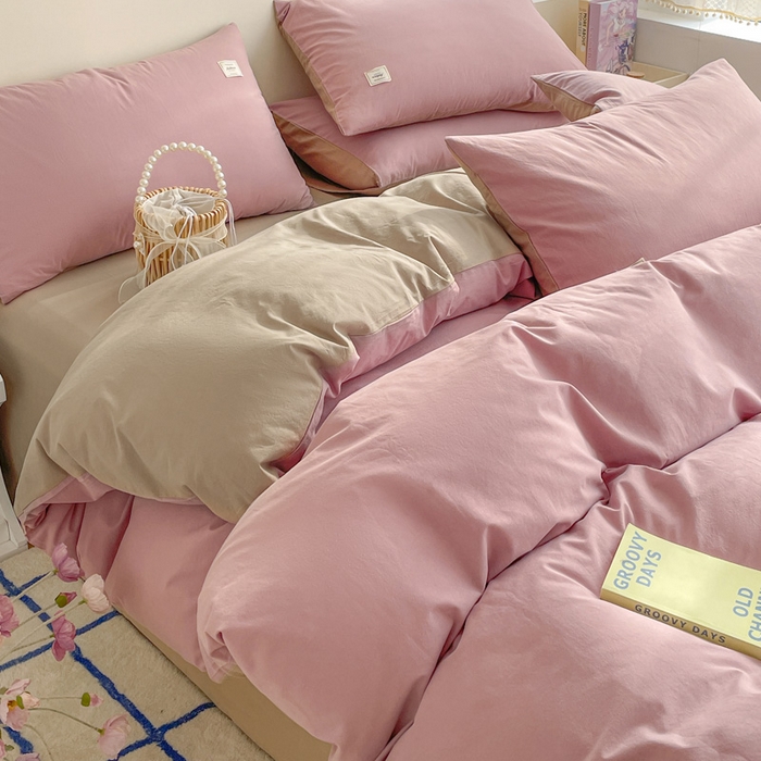 91家纺网 家纺一手货源 找家纺 雅居纺家纺 2024新款全棉素色水洗棉四件套 绅士红卡其