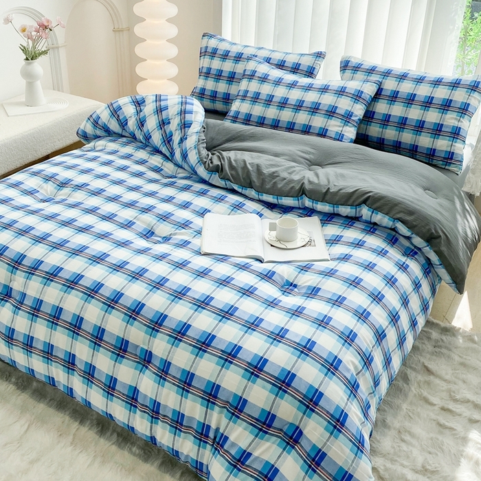 91家纺网 家纺一手货源 找家纺 啊雅家居 2025新款水洗棉条纹印花夏被冬被四件套-床单款 冬被 日系条格蓝