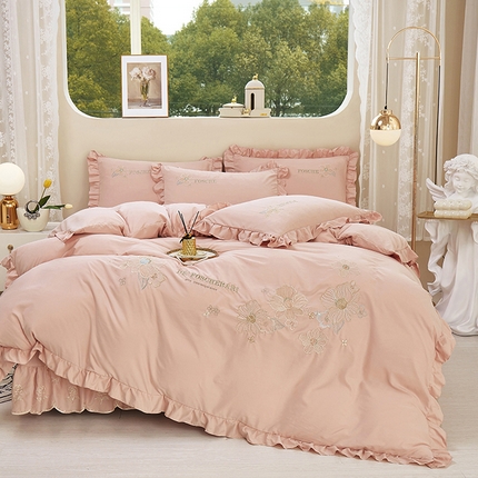 苏木年华 2024新款春光里系列韩版荷叶边刺绣加大床单四件套 粉玉色